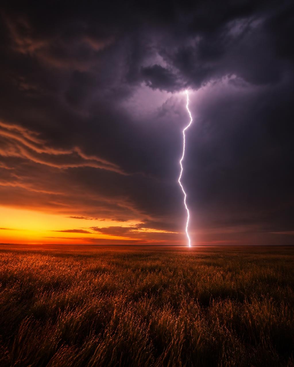 Dramatic lightning bolt striking a vast prairie beneath dark storm clouds at dusk